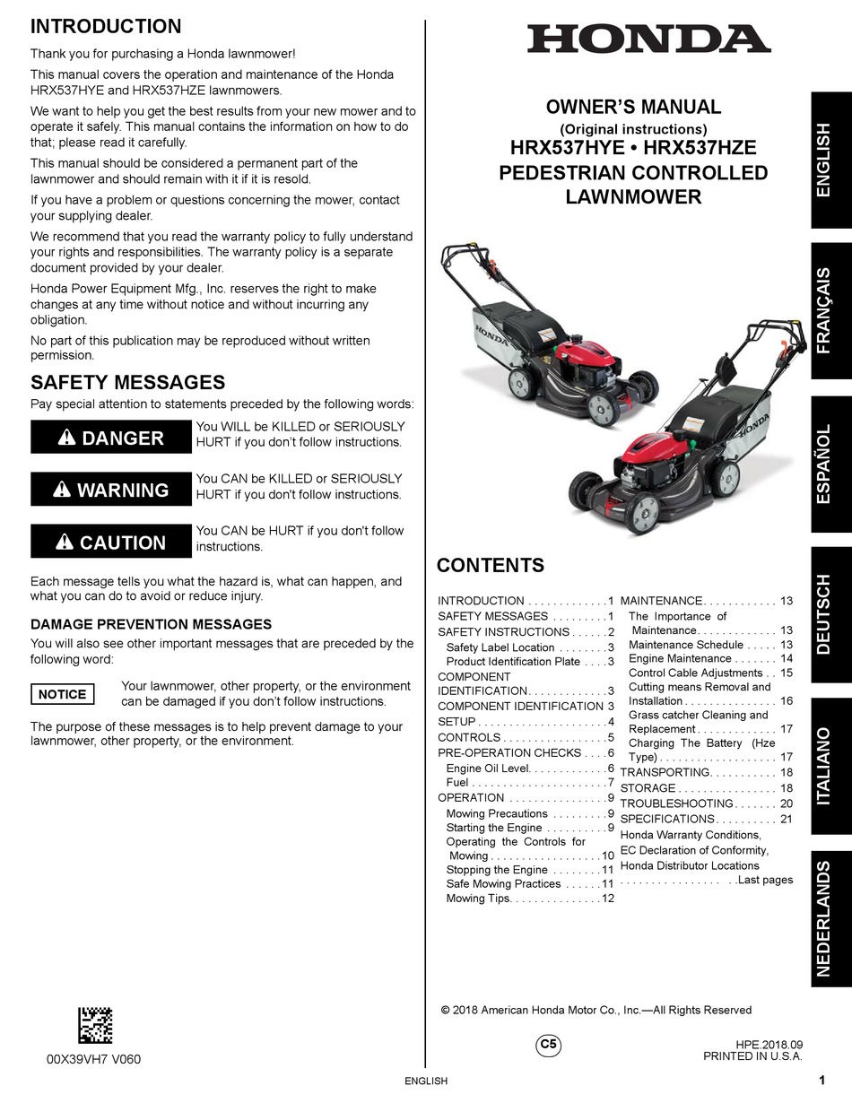 HONDA HRX537HYE OWNER'S MANUAL Pdf Download | ManualsLib