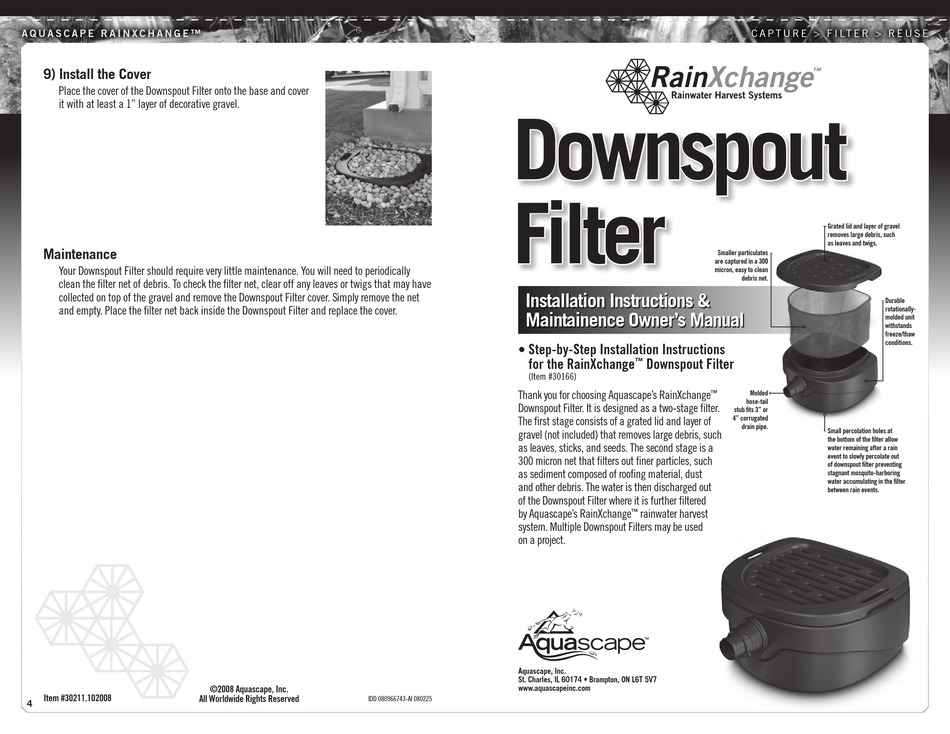 AQUASCAPE RAINXCHANGE DOWNSPOUT FILTER INSTALLATION INSTRUCTIONS