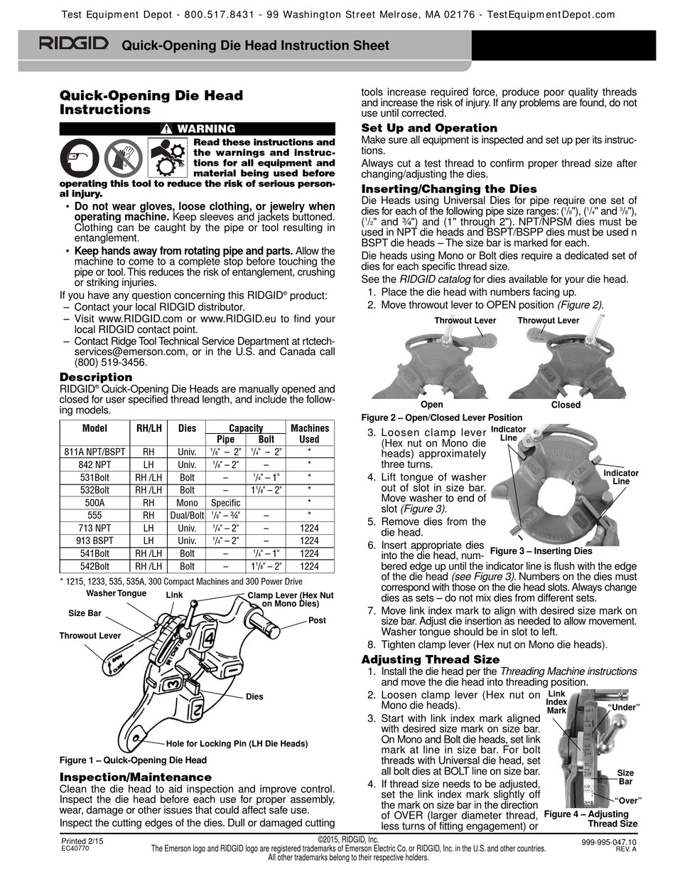 RIDGID 811A NPT QUICKOPENING INSTRUCTION SHEET Pdf Download ManualsLib