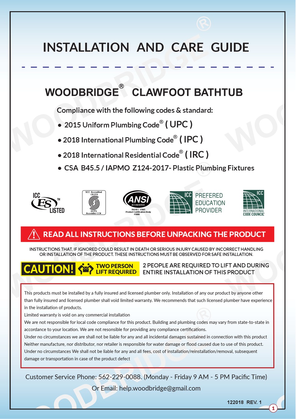 WOODBRIDGE CLAWFOOT BATHTUB INSTALLATION AND CARE MANUAL Pdf Download
