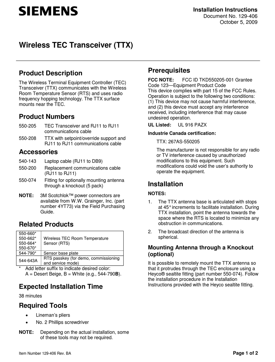 SIEMENS WIRELESS TEC TRANSCEIVER INSTALLATION INSTRUCTIONS Pdf Download