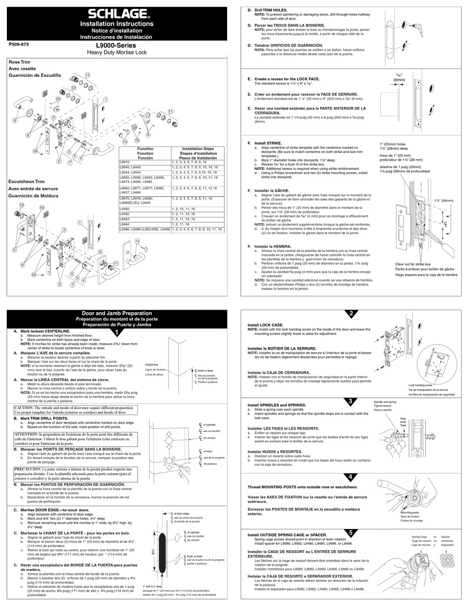 SCHLAGE L9000 SERIES INSTALLATION INSTRUCTIONS Pdf Download | ManualsLib