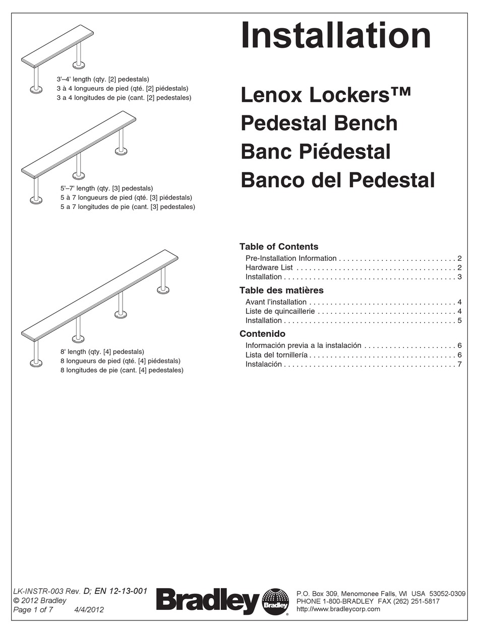 BRADLEY LENOX LOCKERS LENOXPEDESTAL INSTALLATION MANUAL Pdf Download