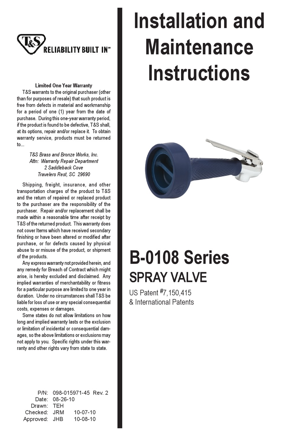 T&S B-0108 SERIES INSTALLATION AND MAINTENANCE INSTRUCTIONS MANUAL Pdf Download | ManualsLib