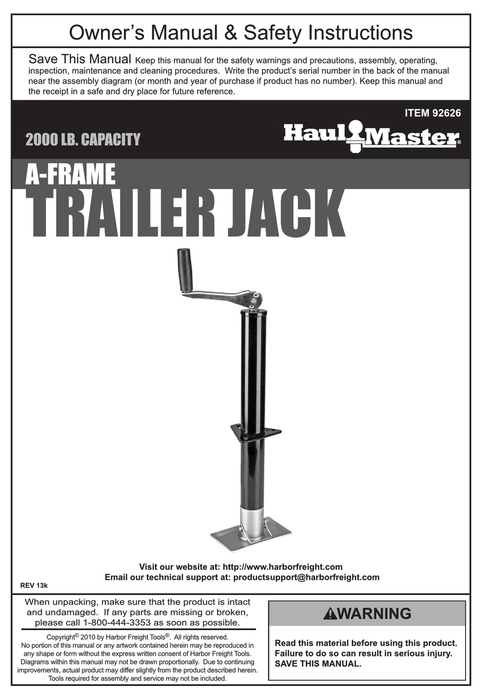 HAUL MASTER 2000 LB. AFRAME TRAILER JACK OWNER'S MANUAL & SAFETY