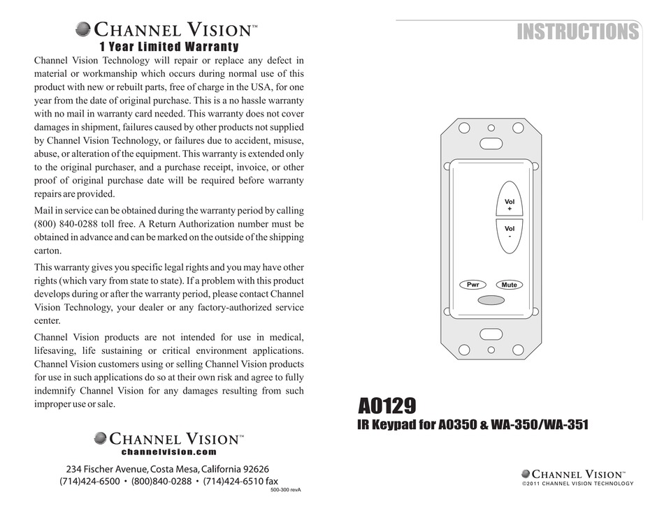 CHANNEL VISION A0129 OPERATING INSTRUCTIONS Pdf Download ManualsLib