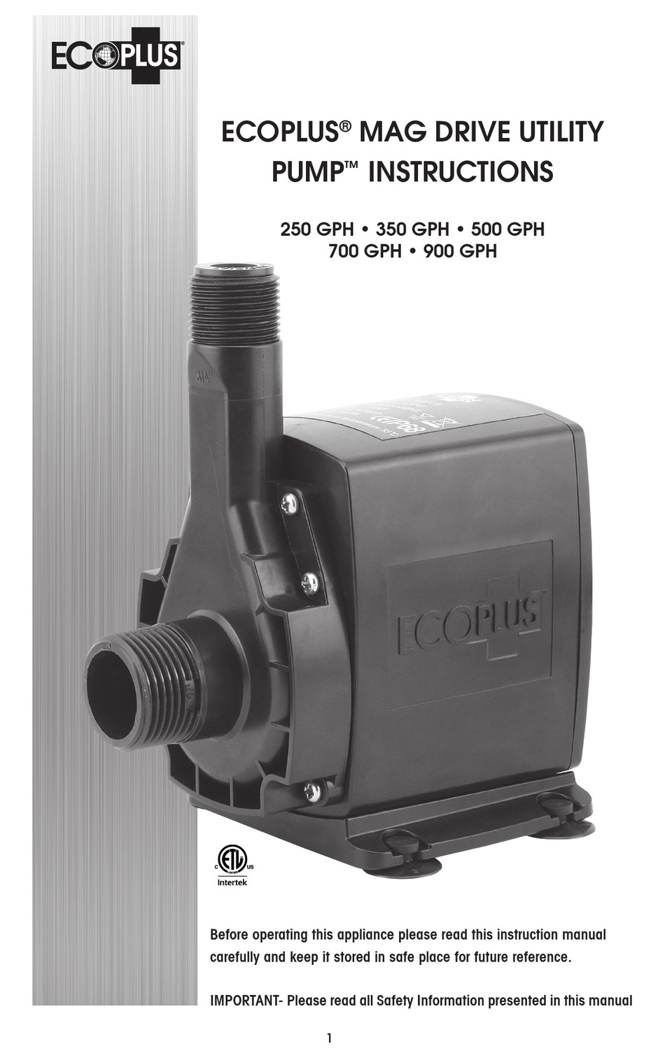ECOPLUS MAG DRIVE UTILITY PUMP 250 GPH INSTRUCTIONS MANUAL Pdf Download