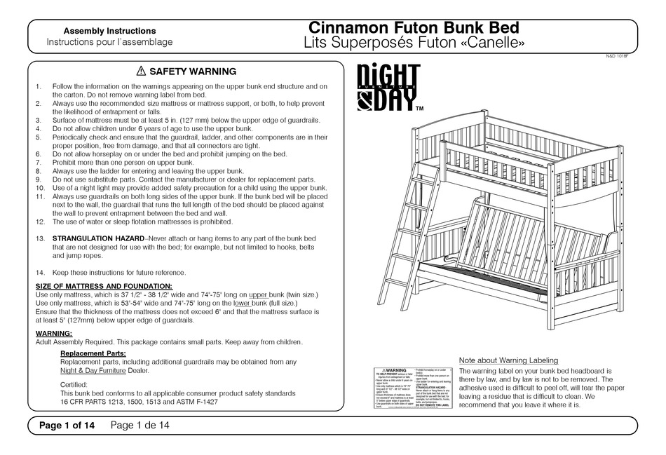 futon bunk bed and mattress collection instructions