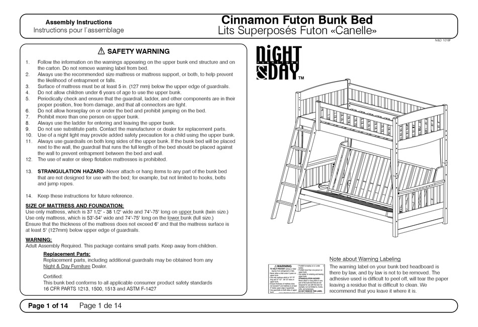 NIGHT & DAY FURNITURE CINNAMON FUTON BUNK BED ASSEMBLY INSTRUCTIONS