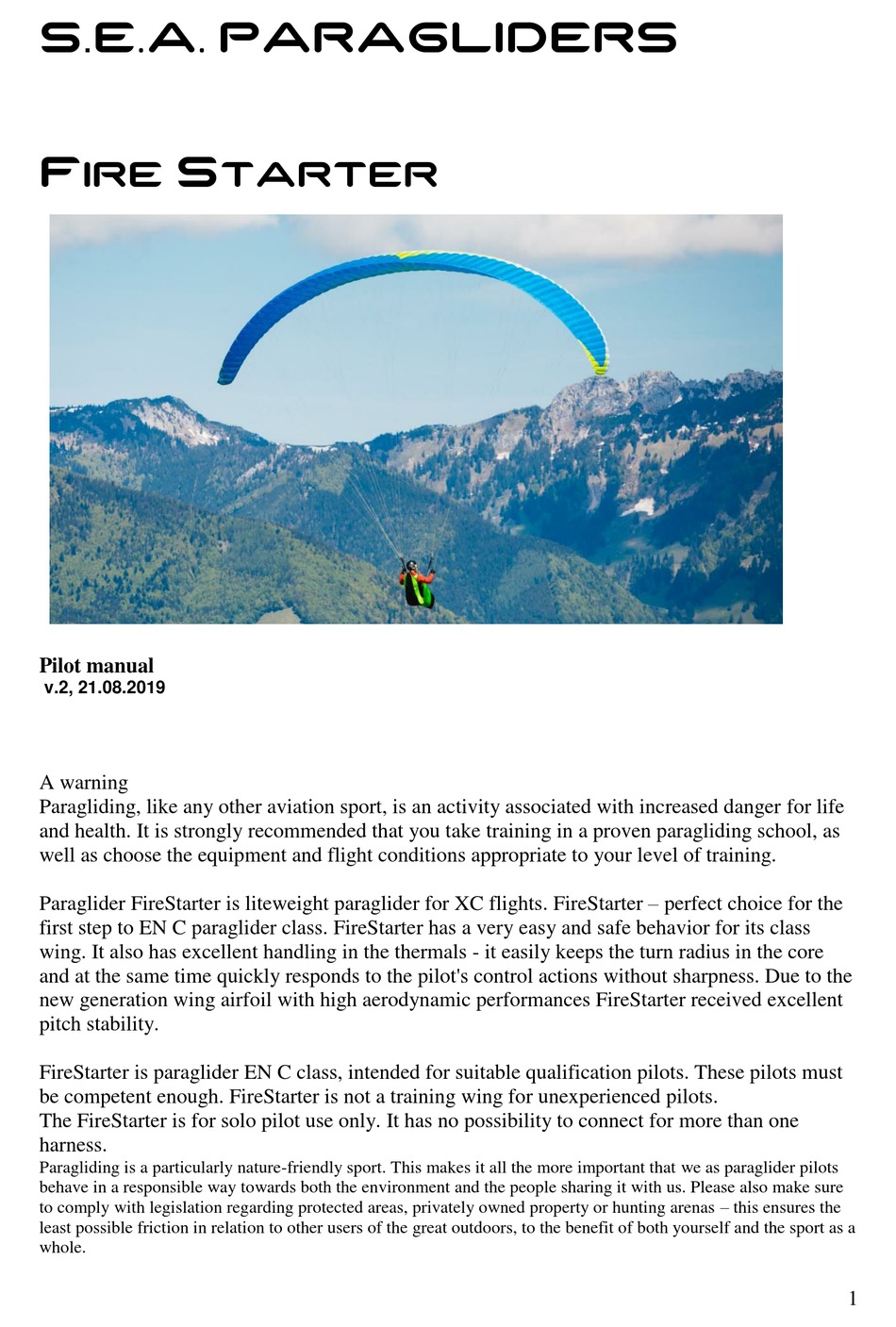 S.E.A. PARAGLIDERS FIRESTARTER PILOT'S MANUAL Pdf Download ManualsLib