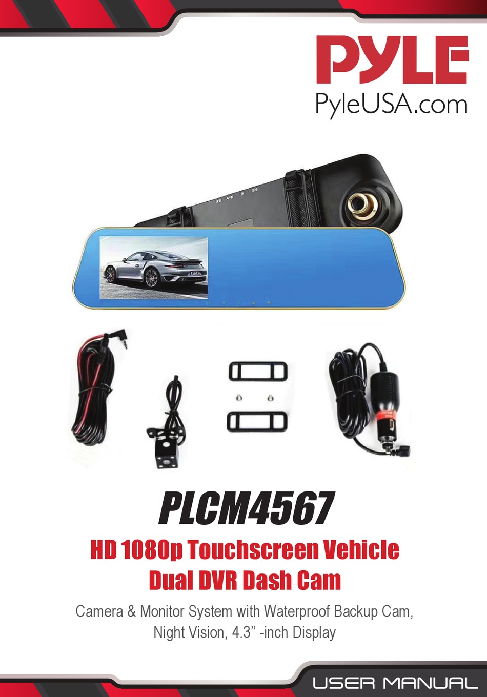 Pyle DVR Dash Camera with Backup Camera, Connection Cable & USB