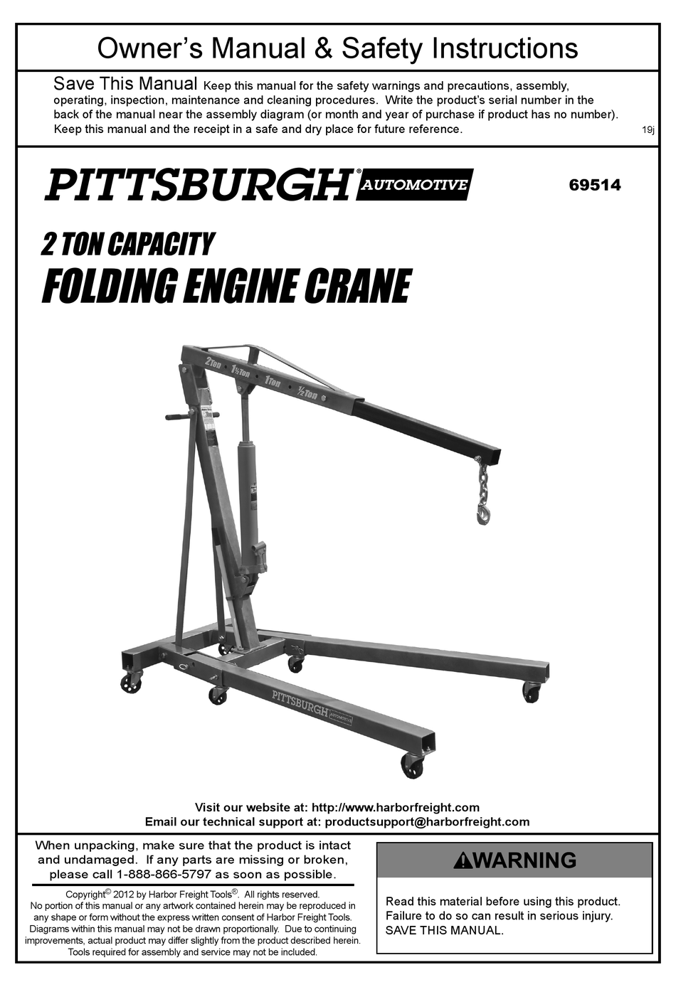 PITTSBURGH AUTOMOTIVE 69514 OWNER'S MANUAL & SAFETY INSTRUCTIONS Pdf
