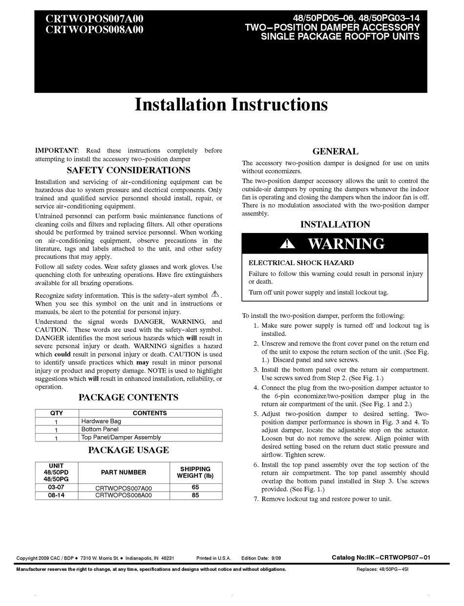 CARRIER CRTWOPOS007A00 INSTALLATION INSTRUCTIONS Pdf Download | ManualsLib