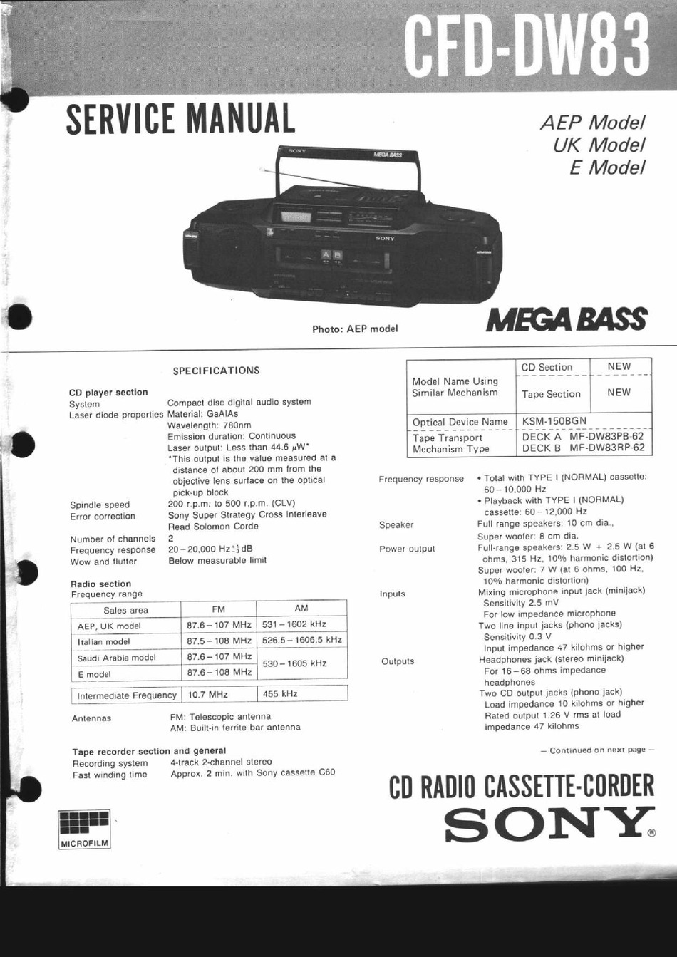SONY MEGA BASS CFDDW83 SERVICE MANUAL Pdf Download ManualsLib