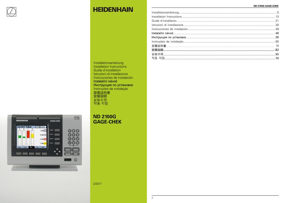HEIDENHAIN ND 2100G GAGECHEK INSTALLATION INSTRUCTIONS MANUAL Pdf