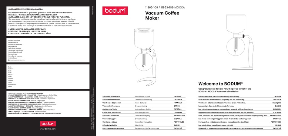 BODUM MOCCA SERIES INSTRUCTIONS FOR USE 