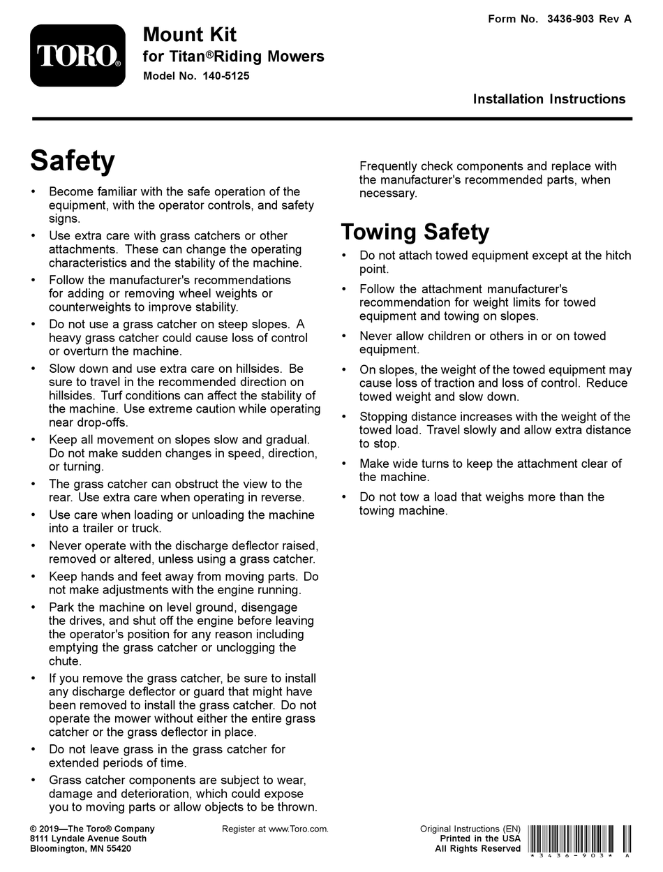 TORO TITAN 140-5125 INSTALLATION INSTRUCTIONS Pdf Download | ManualsLib