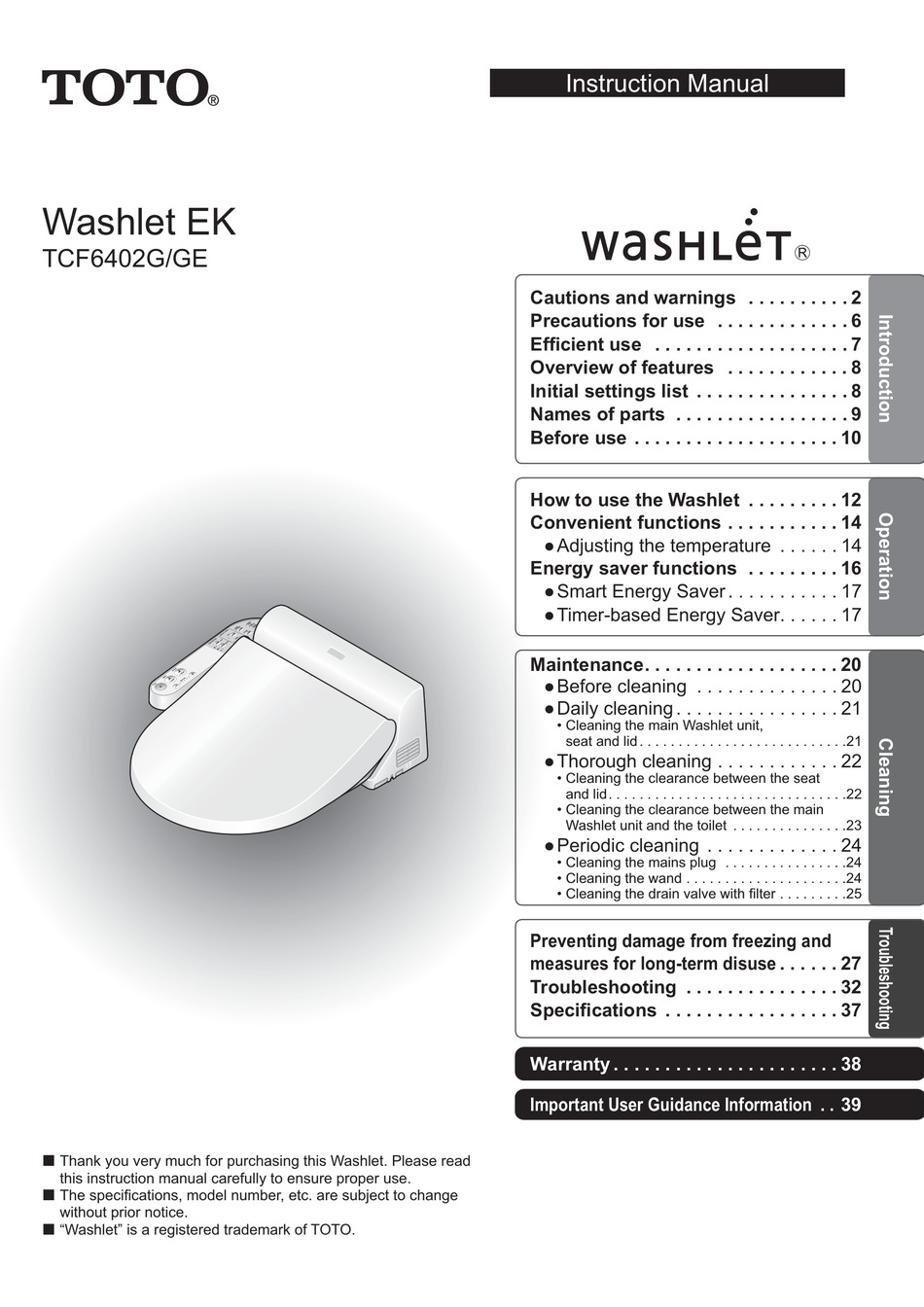 Toto Washlet Ek Tcf G Instruction Manual Pdf Download Manualslib