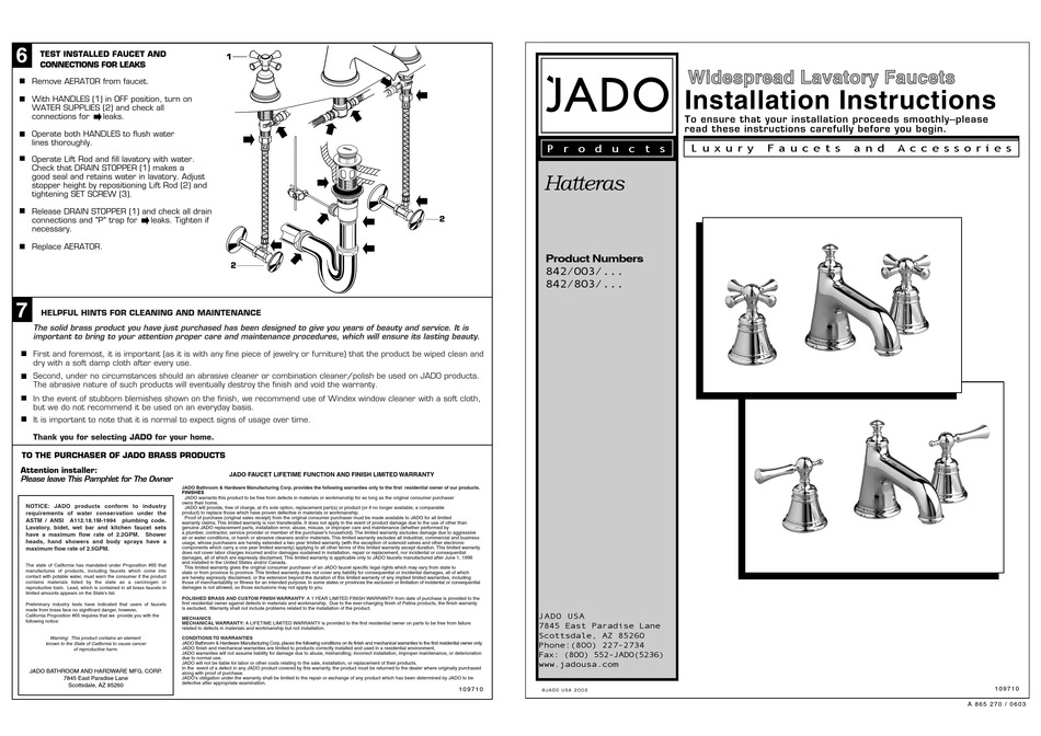 JADO HATTERAS 842/003 SERIES INSTALLATION INSTRUCTIONS Pdf Download