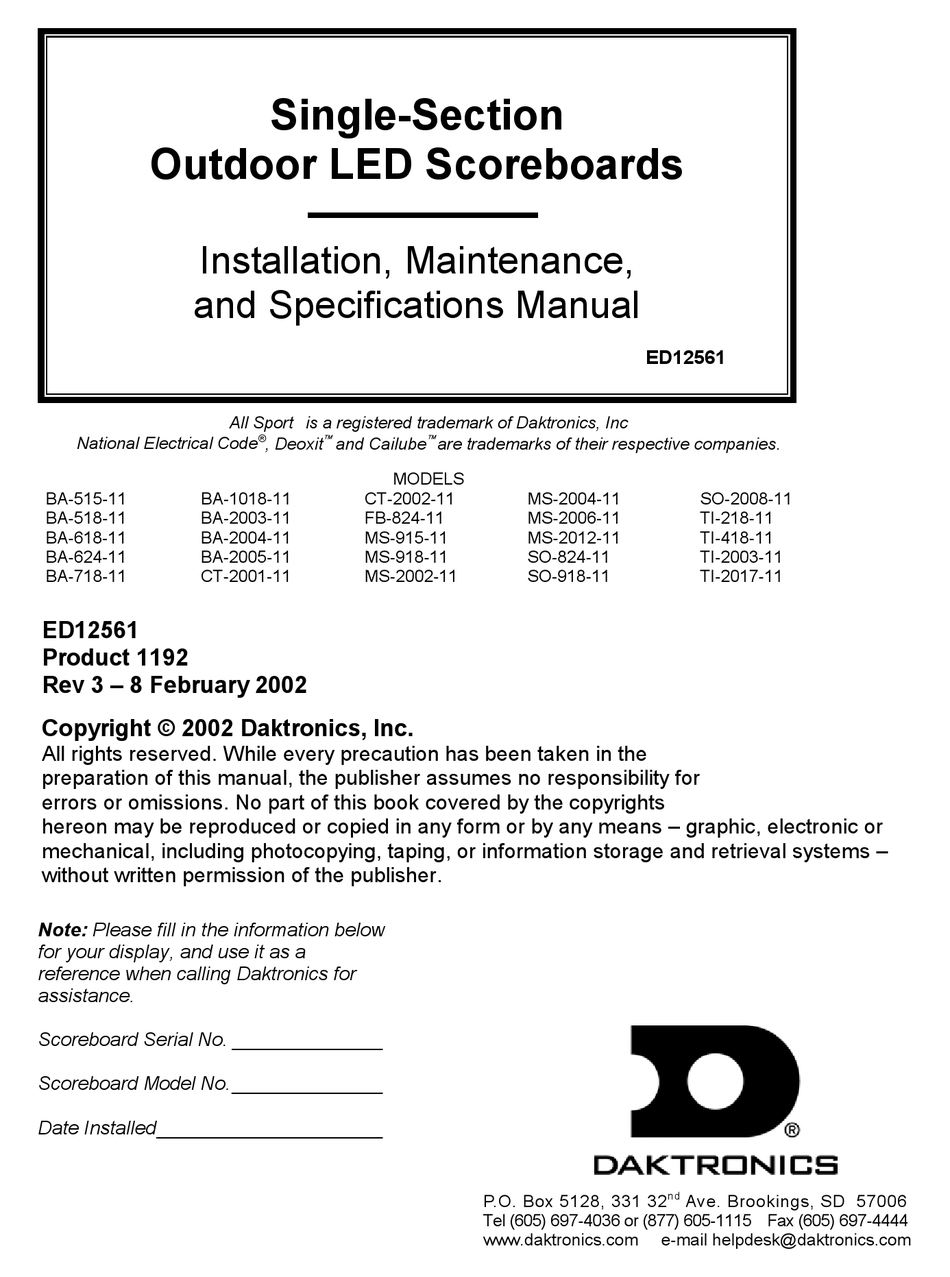 DAKTRONICS BA101811 INSTALLATION, MAINTENANCE, AND SPECIFICATIONS