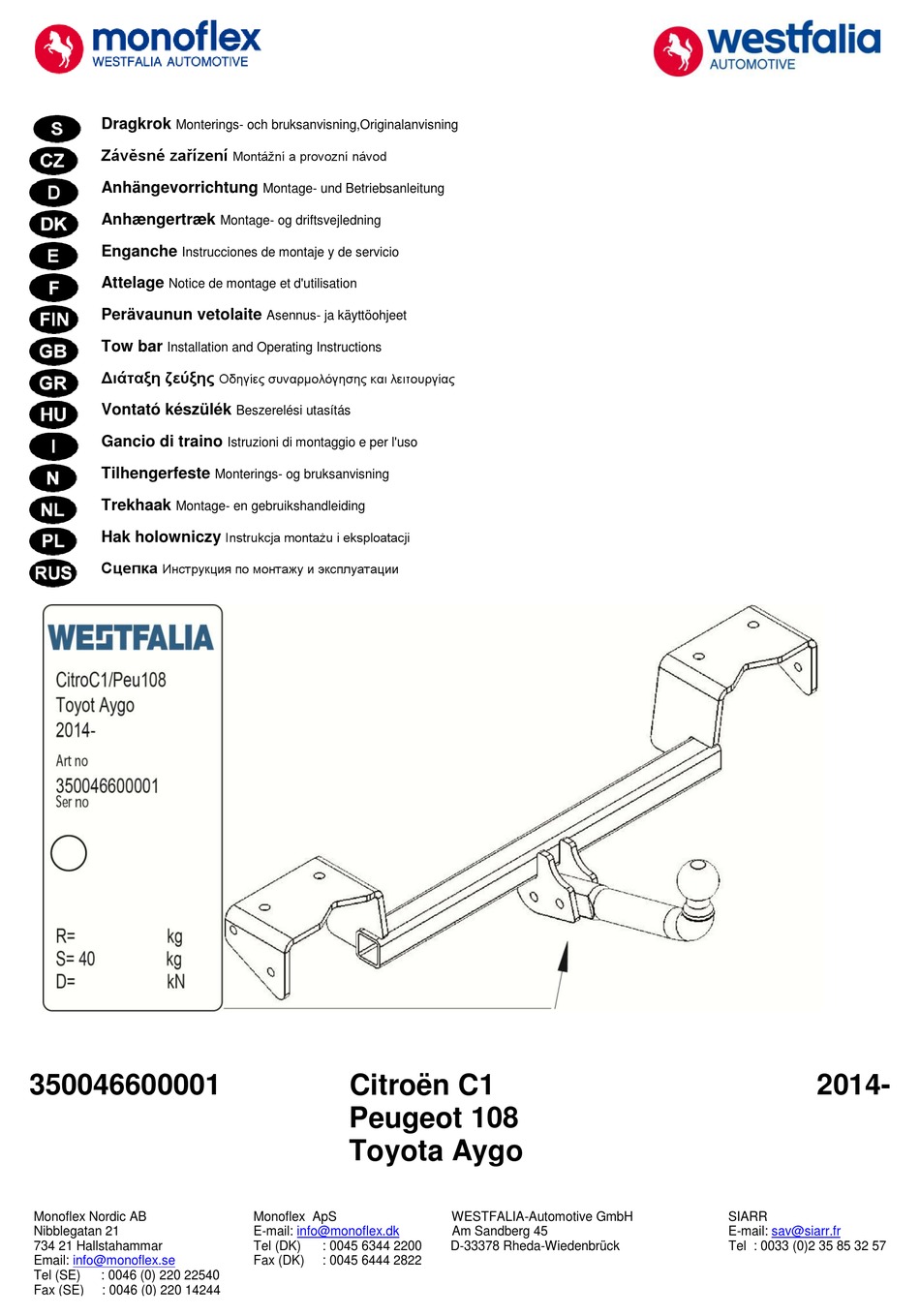 WESTFALIA MONOFLEX 350046600001 INSTALLATION AND OPERATING INSTRUCTIONS MANUAL Pdf Download |