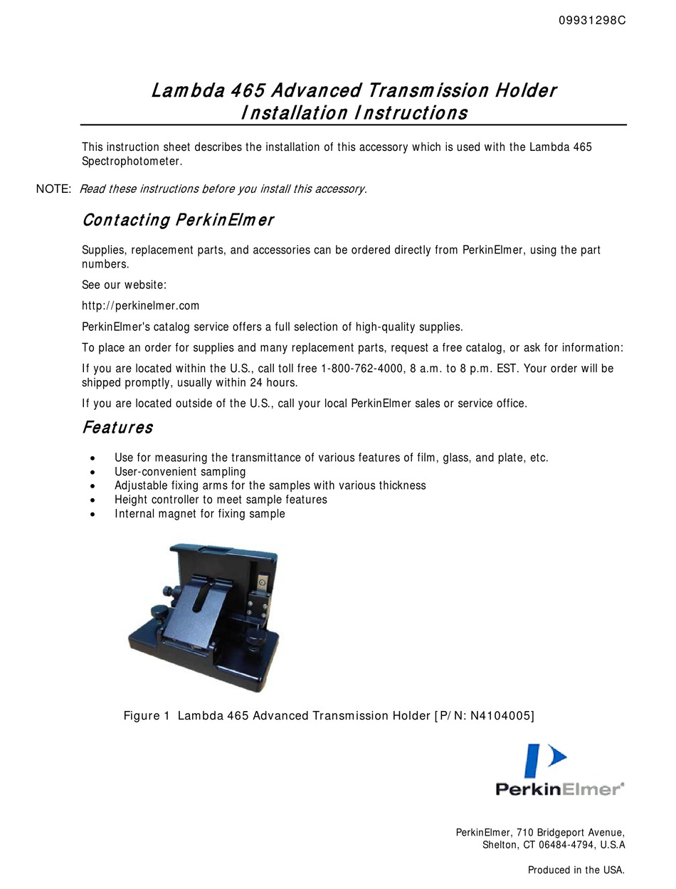 PERKINELMER LAMBDA 465 INSTALLATION INSTRUCTIONS MANUAL Pdf Download