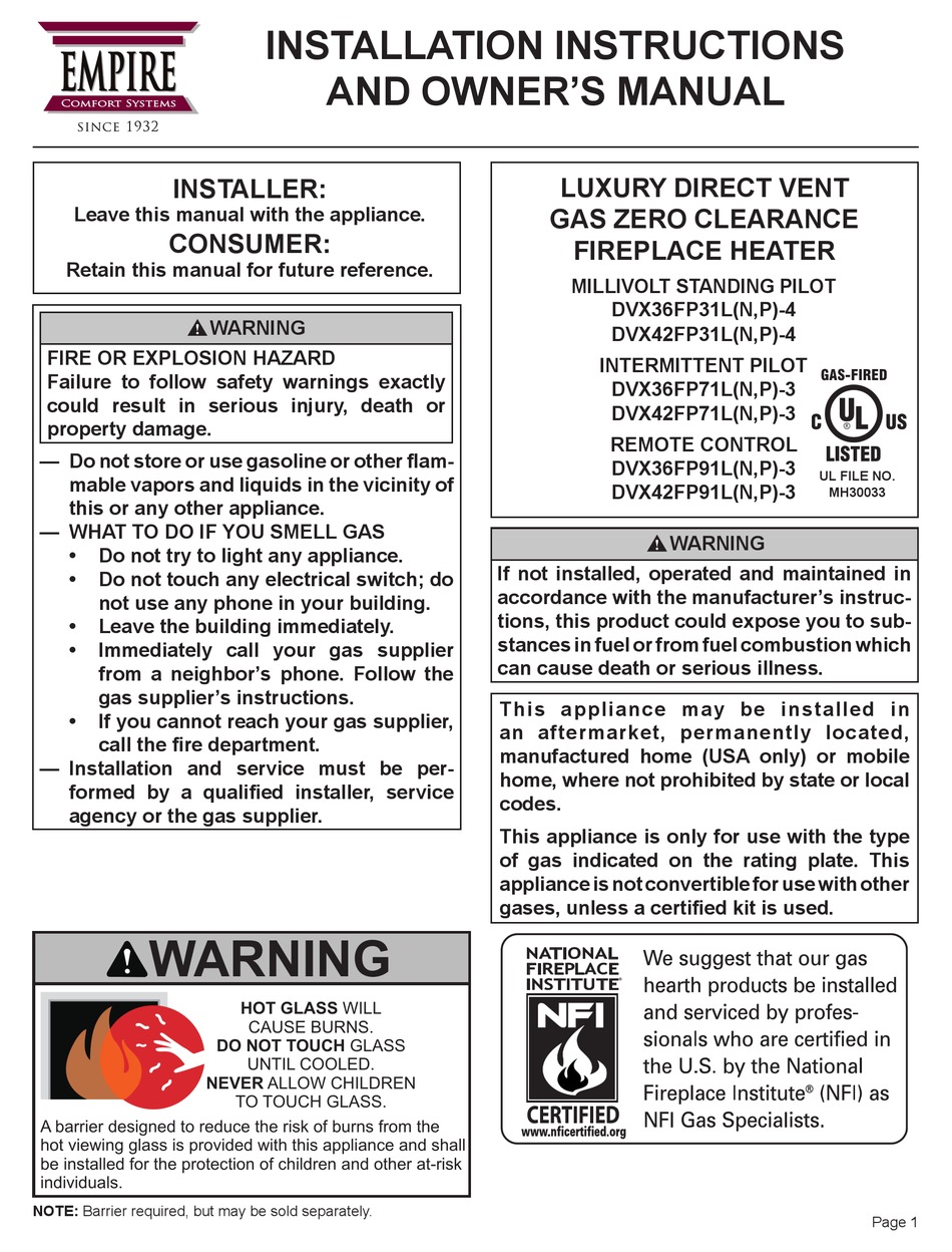 EMPIRE COMFORT SYSTEMS MILLIVOLT STANDING PILOT SERIES INSTALLATION ...