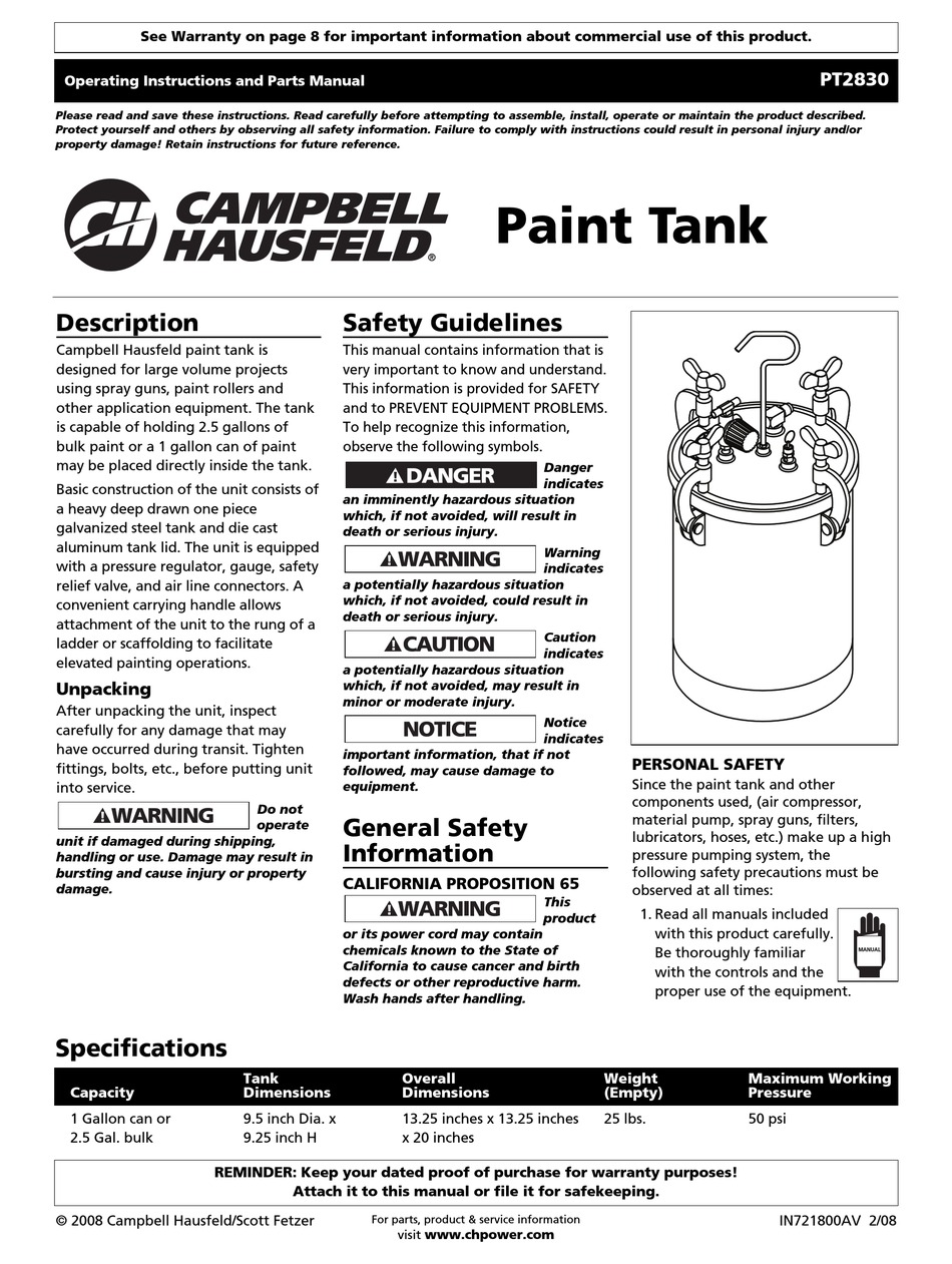 CAMPBELL HAUSFELD PT2830 OPERATING INSTRUCTIONS AND PARTS MANUAL Pdf