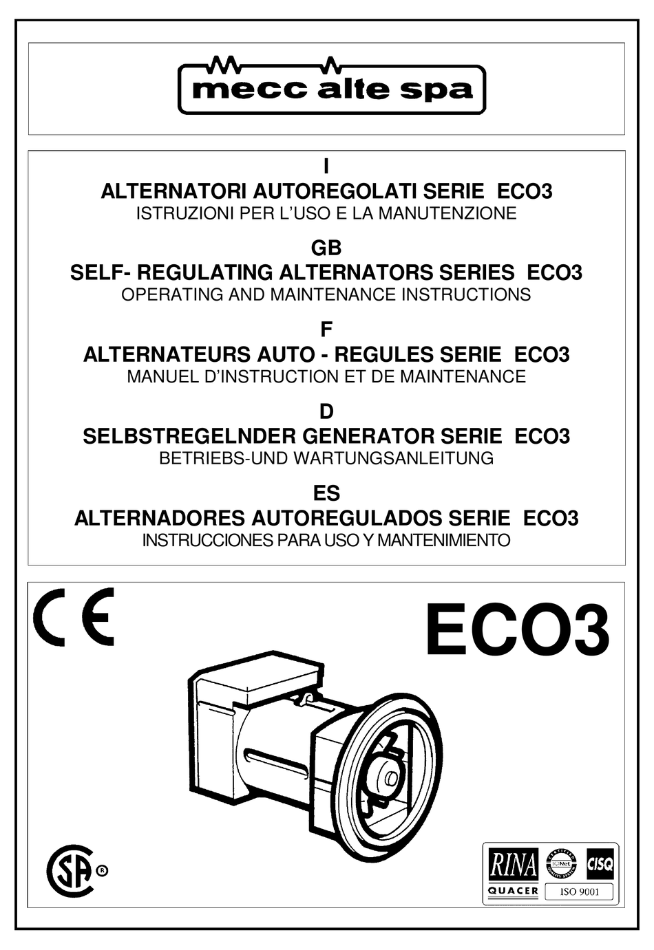 MECC ALTE SPA ECO3 SERIES OPERATING AND MAINTENANCE INSTRUCTIONS MANUAL