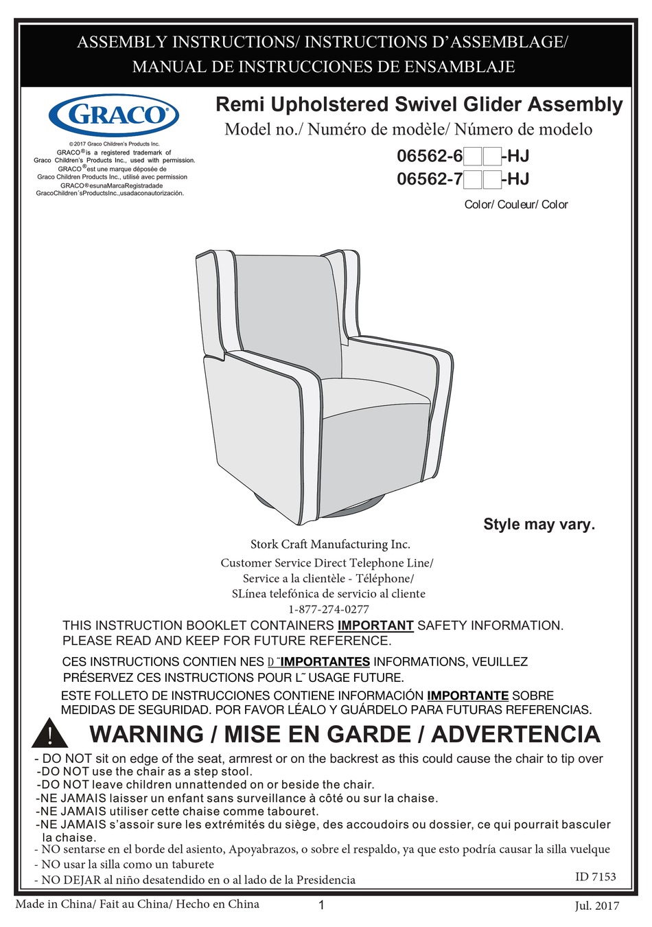 GRACO REMI UPHOLSTERED SWIVEL GLIDER 065626HJ SERIES ASSEMBLY