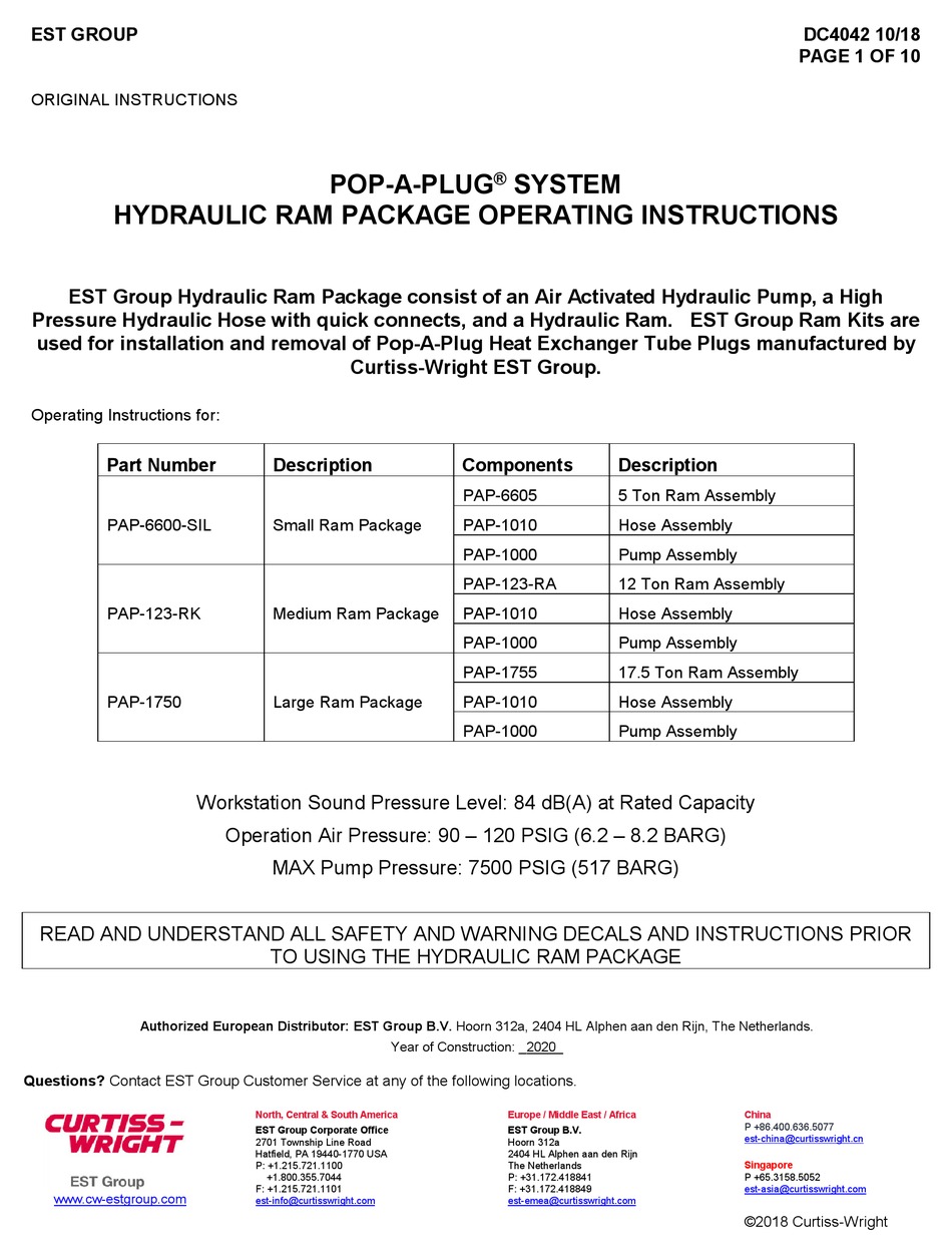 EST GROUP CURTISSWRIGHT POPAPLUG PAP6600SIL OPERATING INSTRUCTIONS