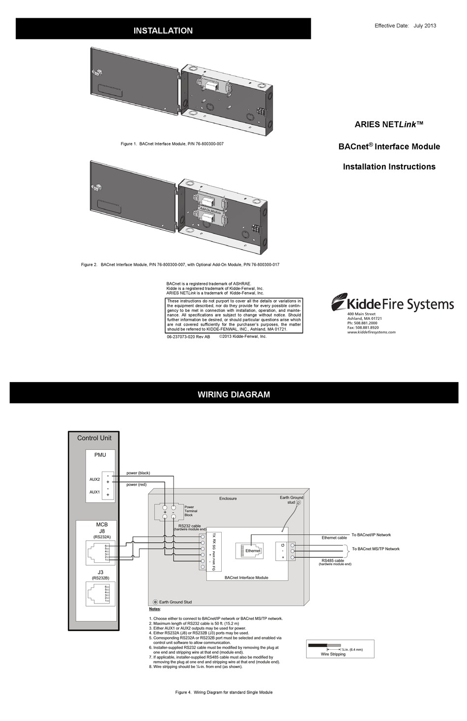 KIDDE FIRE SYSTEMS ARIES NETLINK 76800300007 INSTALLATION
