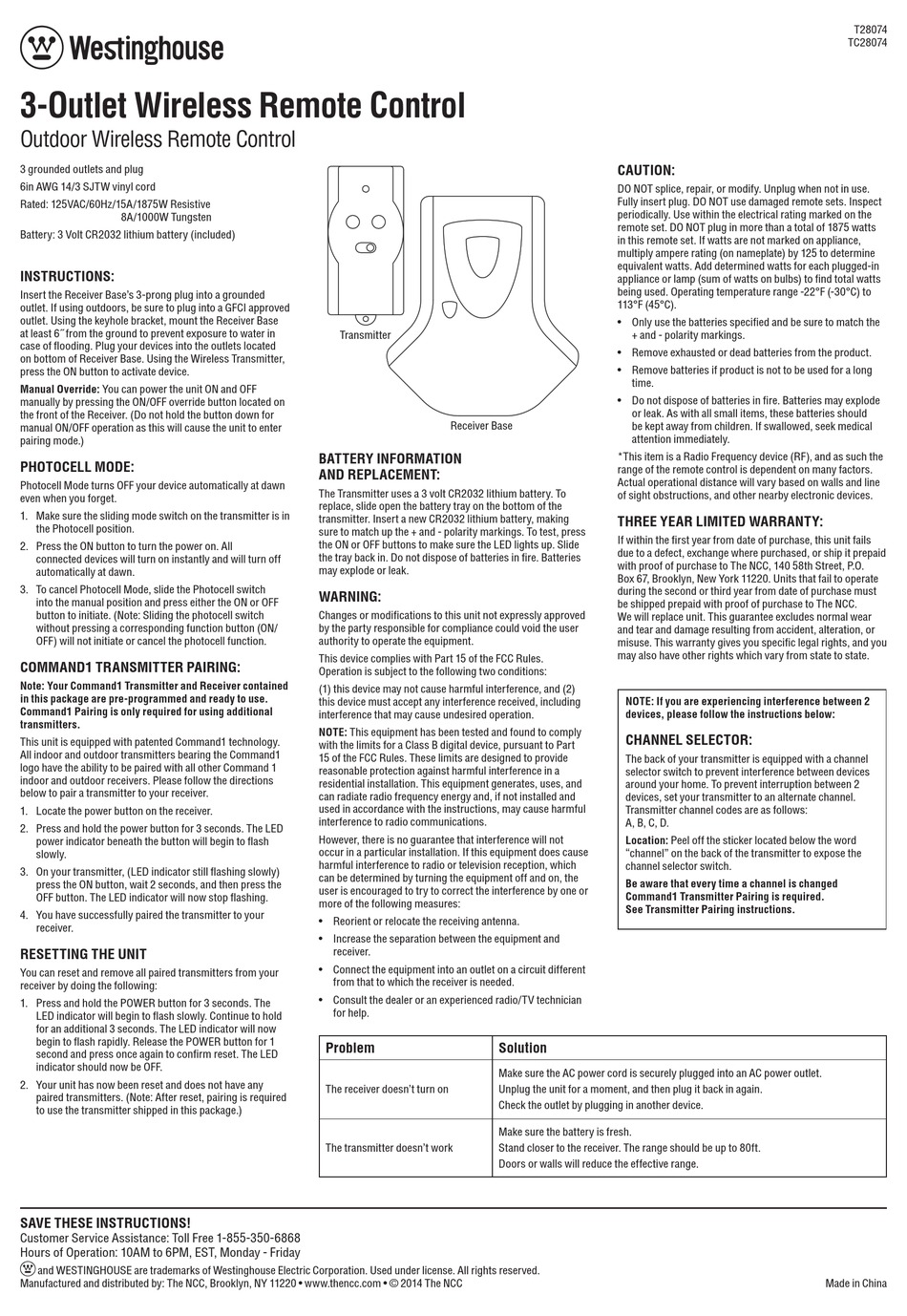 Westinghouse Indoor Wireless Remote Control with Transmitter #T28068