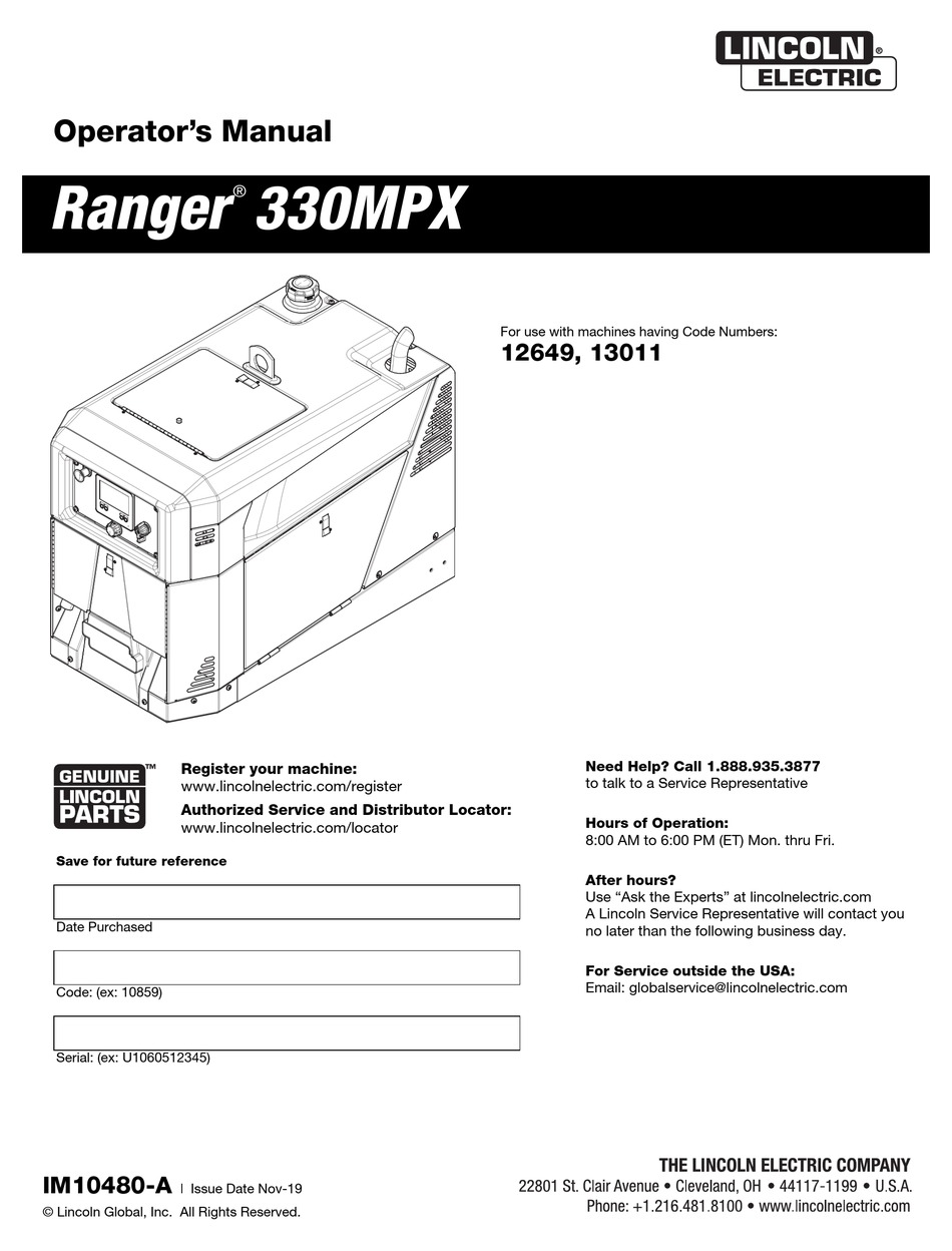 LINCOLN ELECTRIC RANGER 330MPX OPERATOR