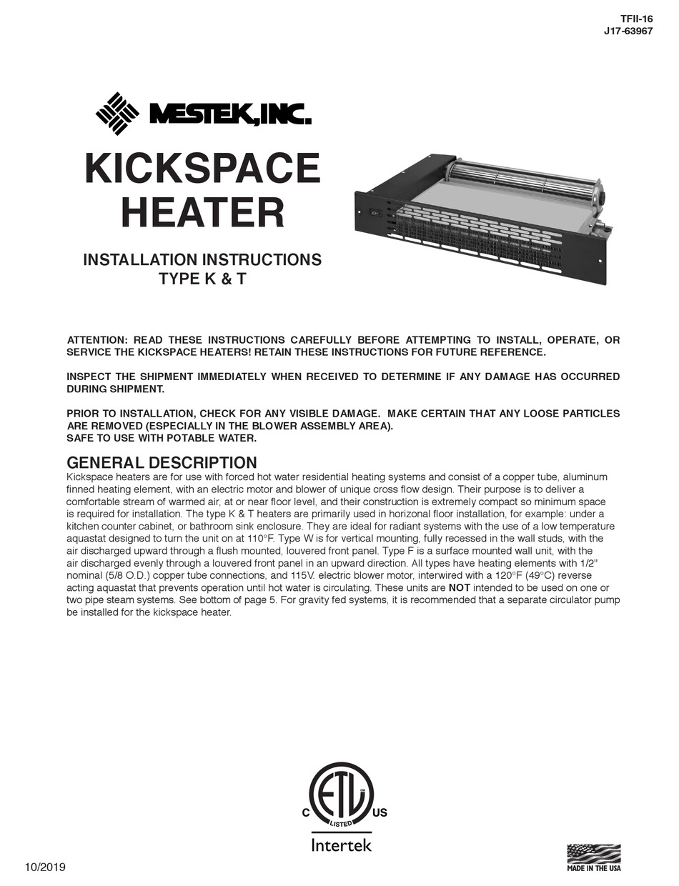 MESTEK KICKSPACE SERIES INSTALLATION INSTRUCTIONS MANUAL Pdf Download