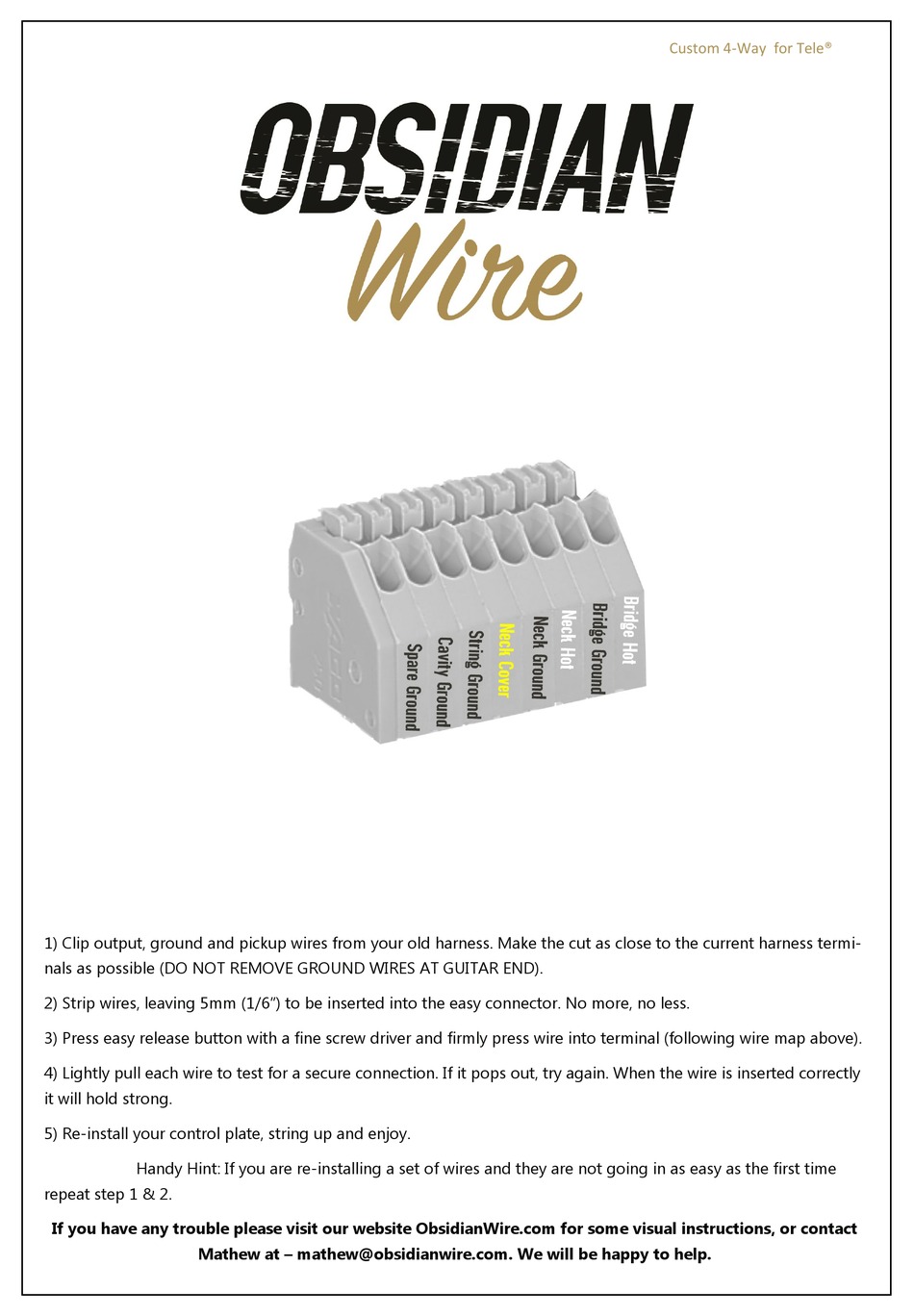 OBSIDIAN WIRE CUSTOM 4-WAY FOR TELE QUICK START MANUAL Pdf