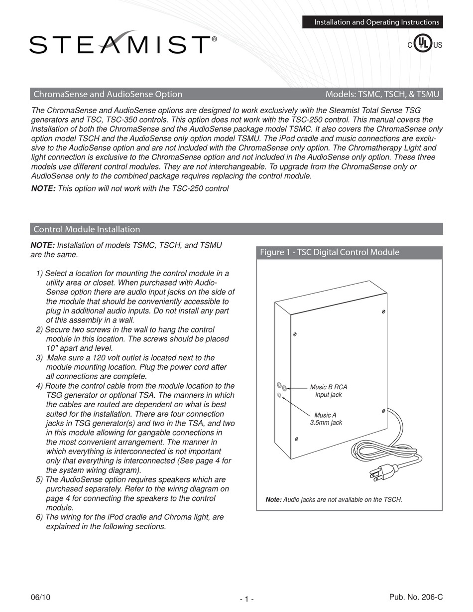 STEAMIST CHROMASENSE INSTALLATION AND OPERATING INSTRUCTIONS Pdf