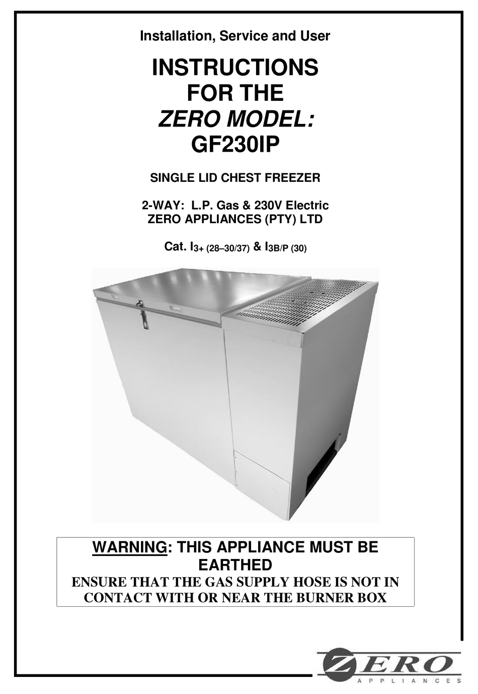 ZERO APPLIANCES GF230IP INSTALLATION, SERVICE AND USER INSTRUCTIONS