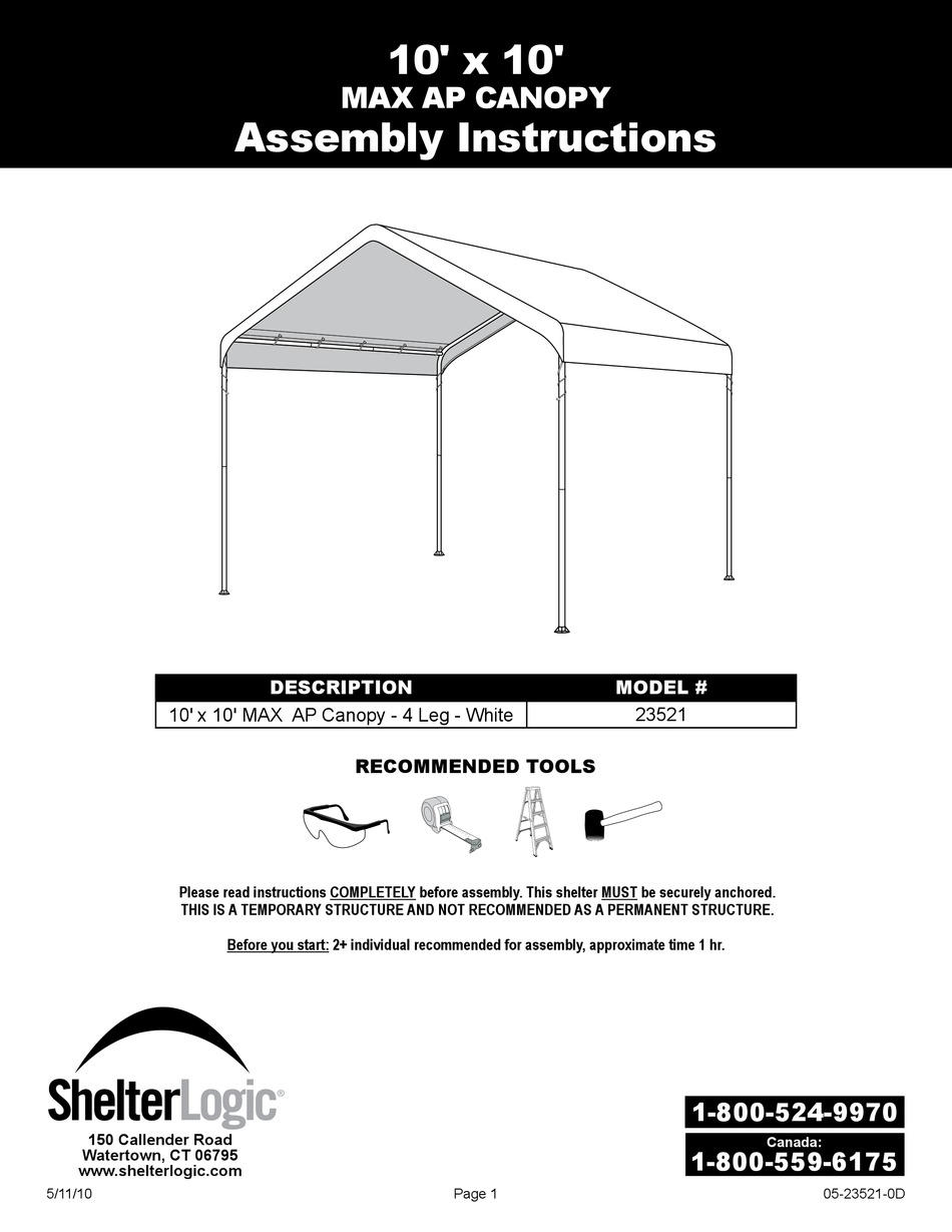 Shelterlogic 23521 Assembly Instructions Manual Pdf Download Manualslib