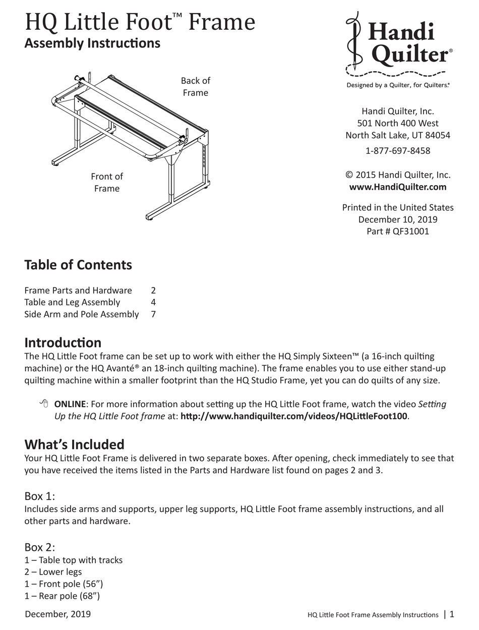 HANDI QUILTER HQ LITTLE FOOT FRAME ASSEMBLY INSTRUCTIONS MANUAL Pdf