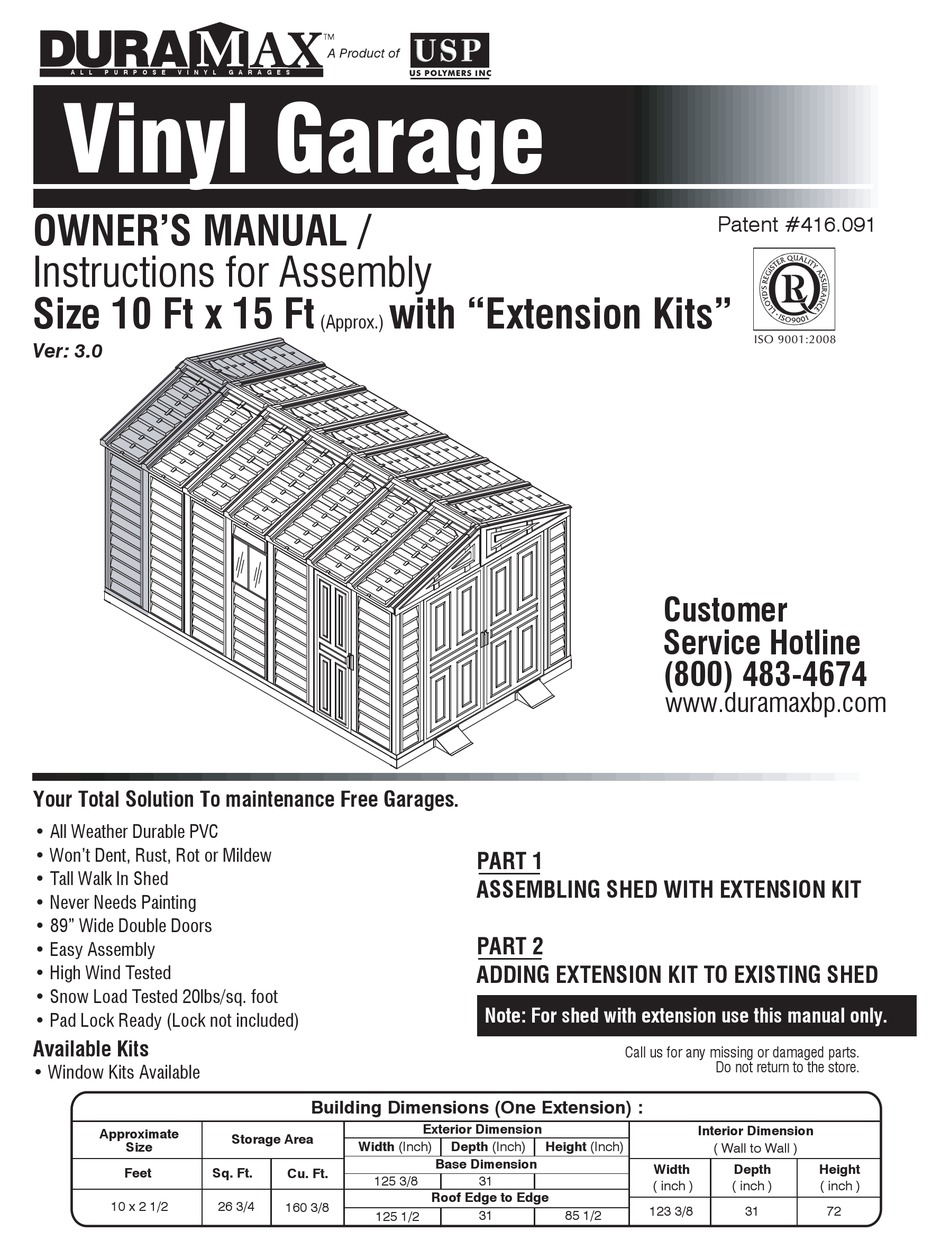 DURAMAX 10X15 FT WITH EXTENSION KIT OWNER