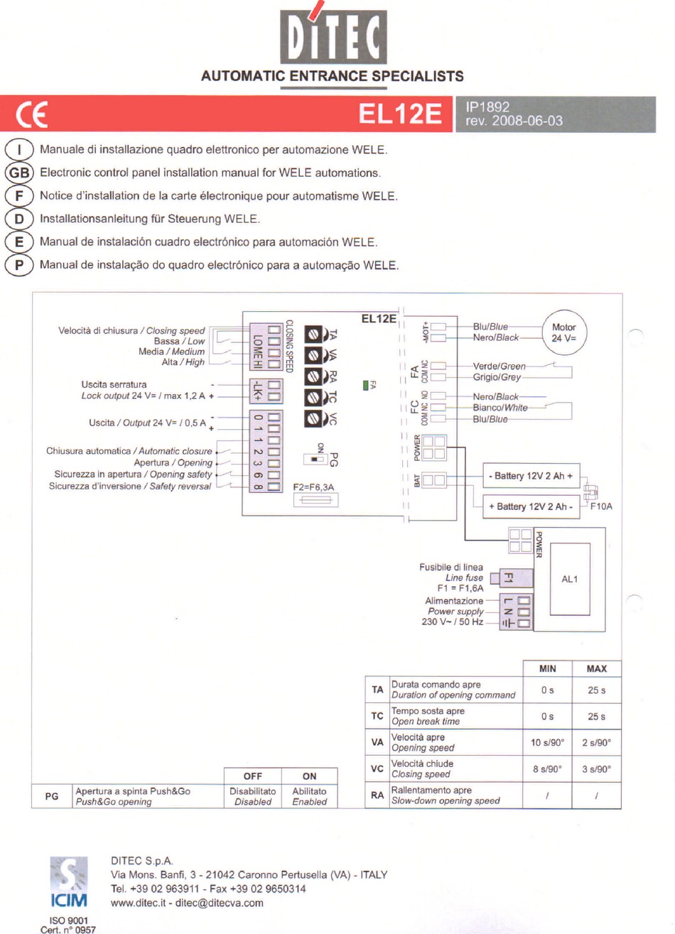 DITEC EL12E INSTALLATION MANUAL Pdf Download ManualsLib