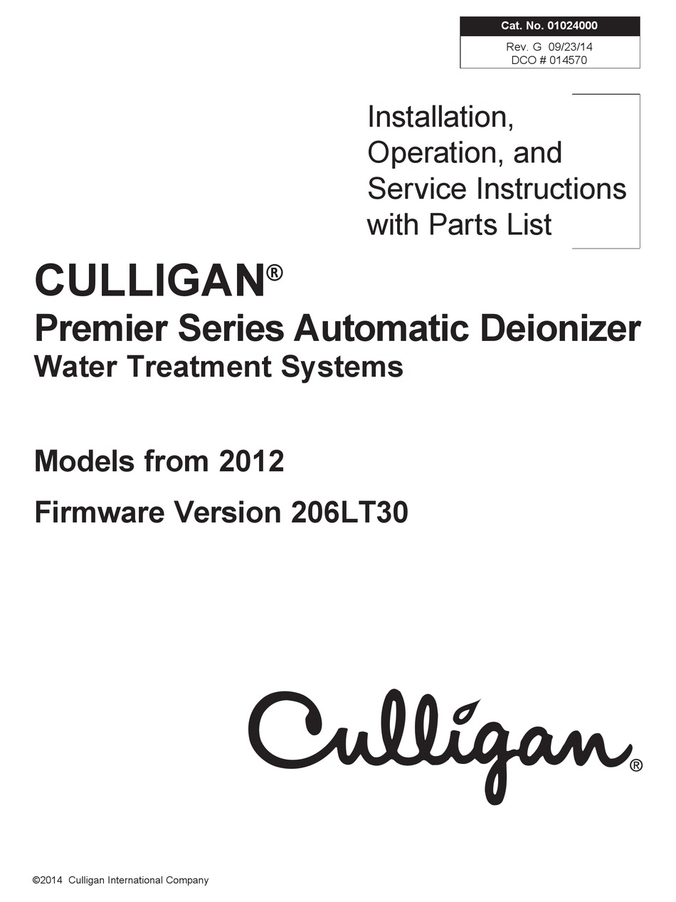 CULLIGAN PREMIER SERIES INSTALLATION, OPERATION AND SERVICE