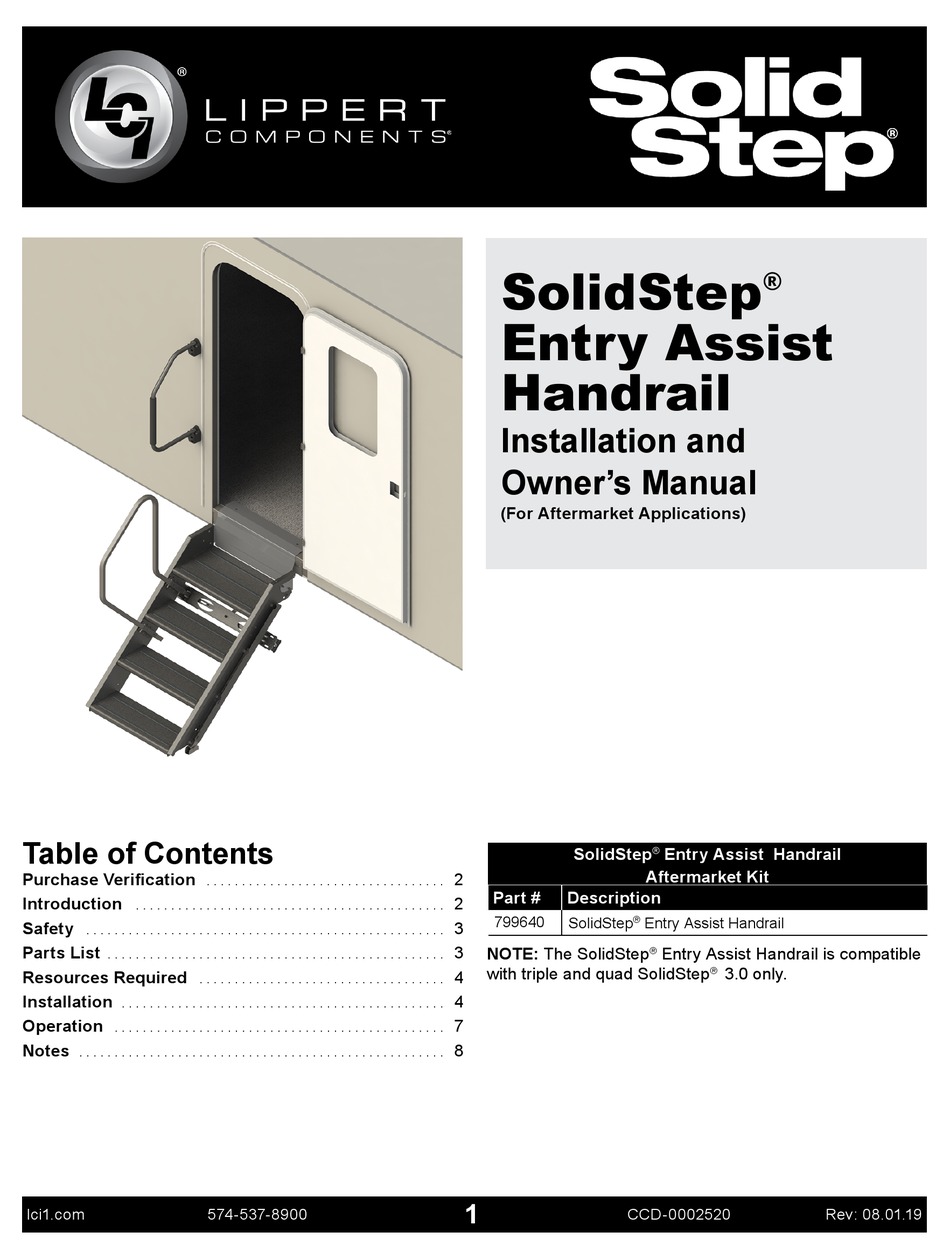 LIPPERT SOLIDSTEP ENTRY ASSIST HANDRAIL INSTALLATION AND OWNER'S MANUAL Pdf  Download