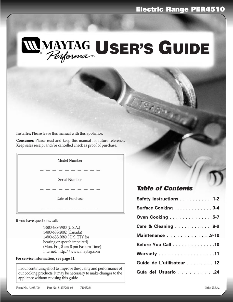 MAYTAG PERFORMA PER4510 USER MANUAL Pdf Download | ManualsLib