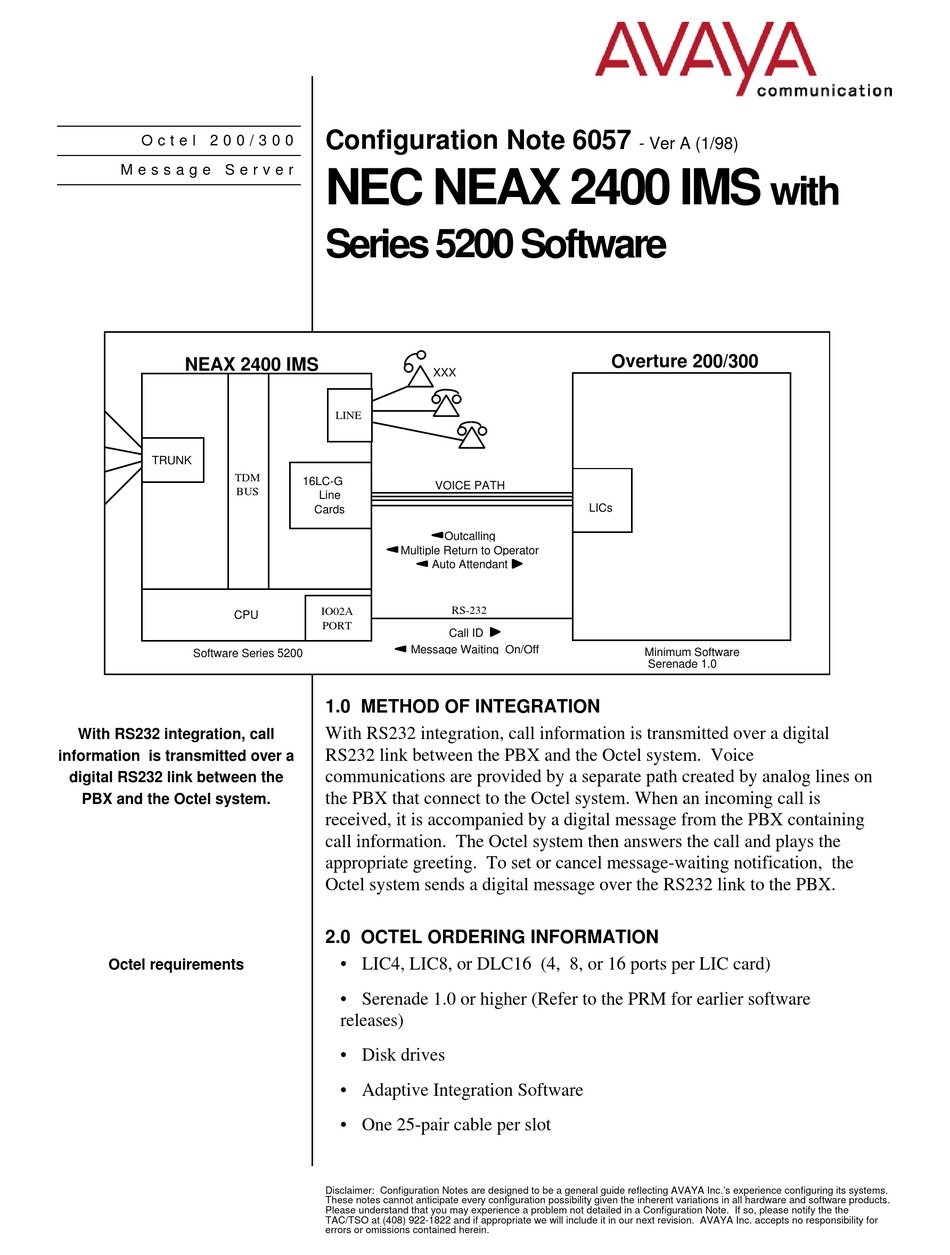 Avaya Nec Neax 2400 Ims Configuration Note Pdf Download Manualslib