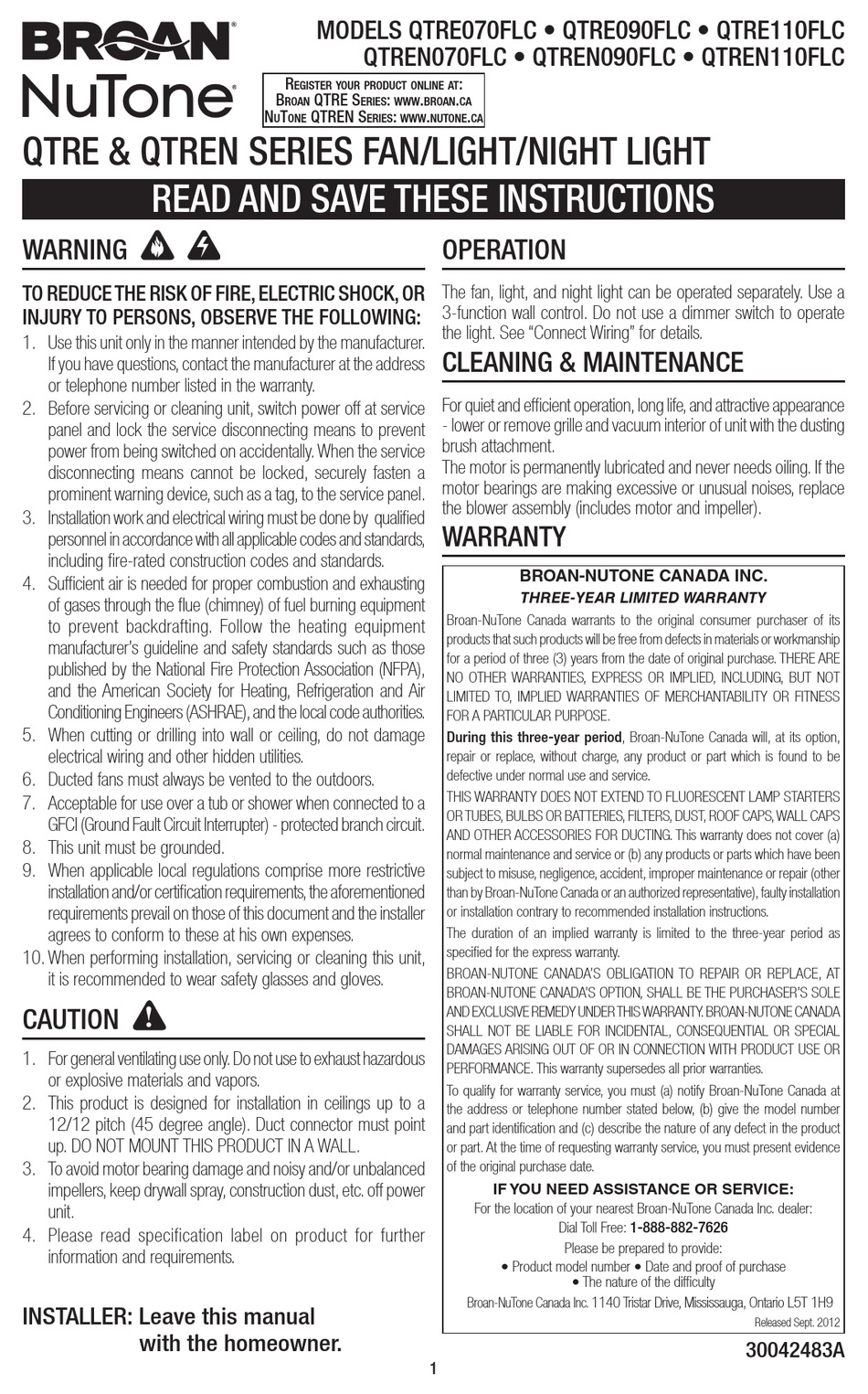 BROAN NUTONE QTREN SERIES INSTRUCTIONS MANUAL Pdf Download | ManualsLib
