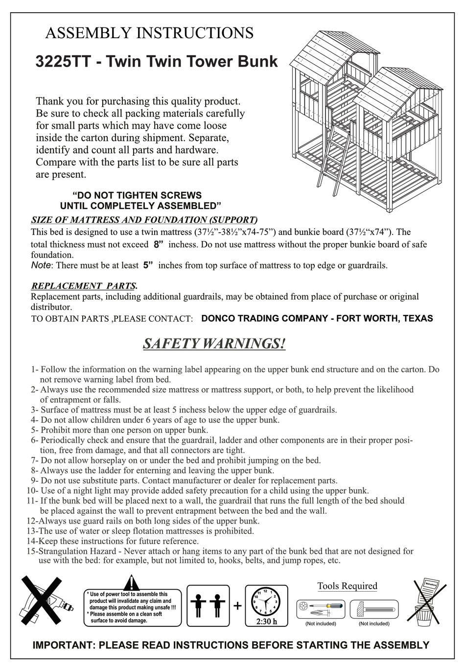 Donco 3225tt Assembly Instructions, Donco Bunk Bed Assembly Instructions