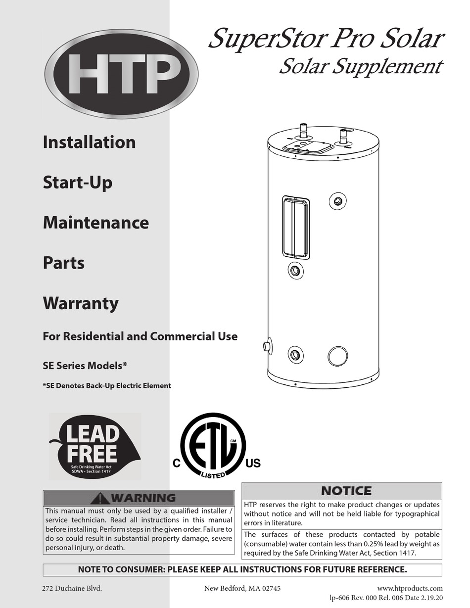 Thermostat Adjustment And Eco Reset; Heating Element Replacement Procedure  - HTP SuperStor Pro Solar SE Series Installation, Start-Up, Maintenance,  Parts, Warranty [Page 10] | ManualsLib