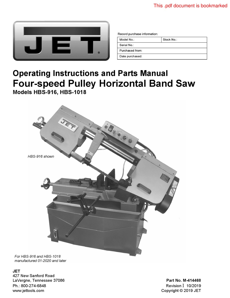 JET HBS-916 OPERATING INSTRUCTIONS AND PARTS MANUAL Pdf Download ...